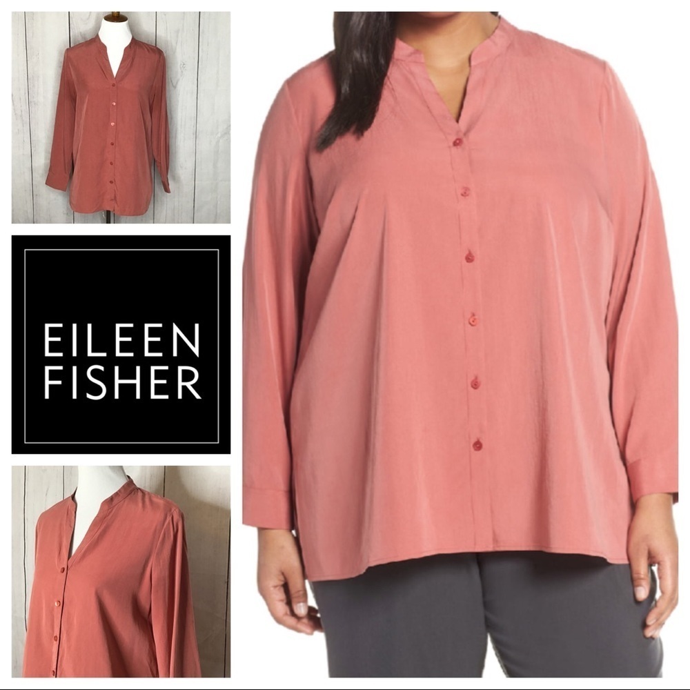 EILEEN FISHER Mandarin Collar Button Front Tencel Lyocell Blend Blouse  M Petite